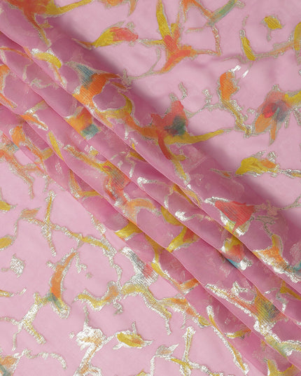 Blush Pink Abstract Metallic Hand Print Pure Silk Chiffon Fabric, 110 Cms, South Korea-D26919