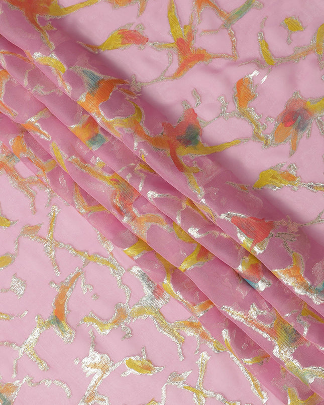Blush Pink Abstract Metallic Hand Print Pure Silk Chiffon Fabric, 110 Cms, South Korea-D26919
