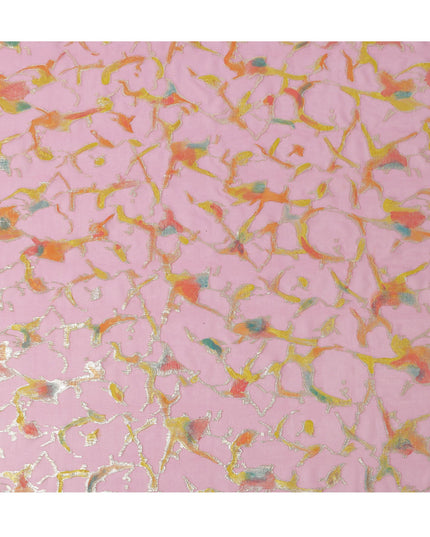Blush Pink Abstract Metallic Hand Print Pure Silk Chiffon Fabric, 110 Cms, South Korea-D26919