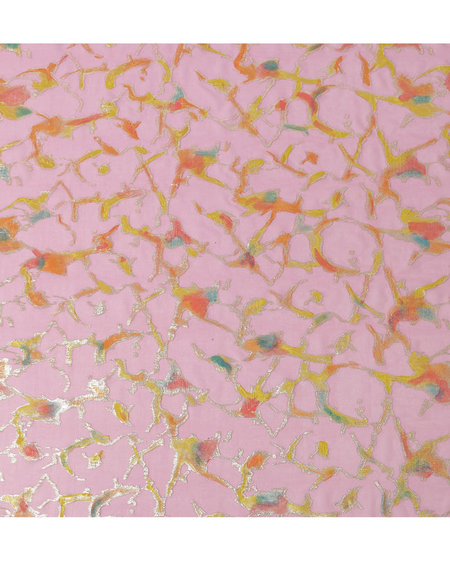 Blush Pink Abstract Metallic Hand Print Pure Silk Chiffon Fabric, 110 Cms, South Korea-D26919