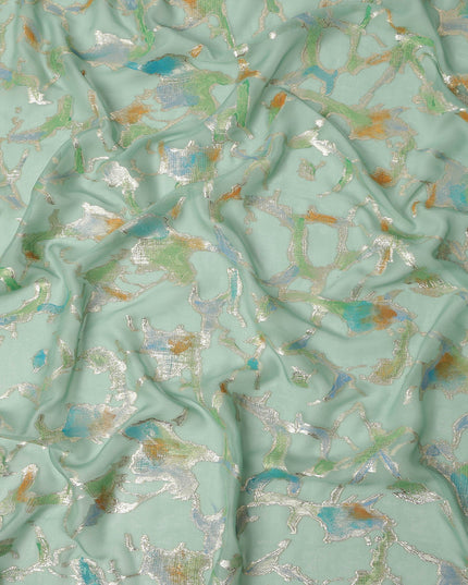 Mint Green Abstract Metallic Hand Print Premium Pure Silk Chiffon Fabric, 110 Cms, South Korea-D26914
