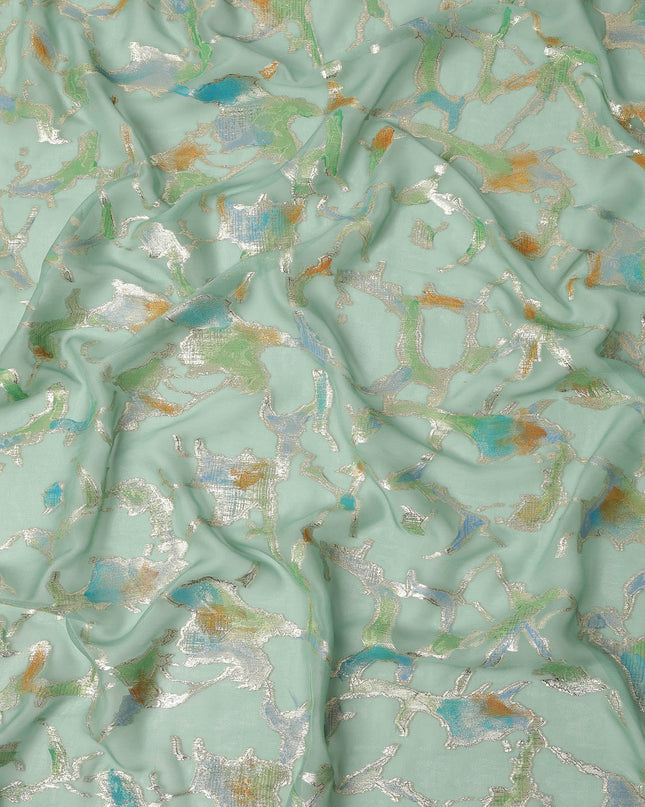 Mint Green Abstract Metallic Hand Print Premium Pure Silk Chiffon Fabric, 110 Cms, South Korea-D26914