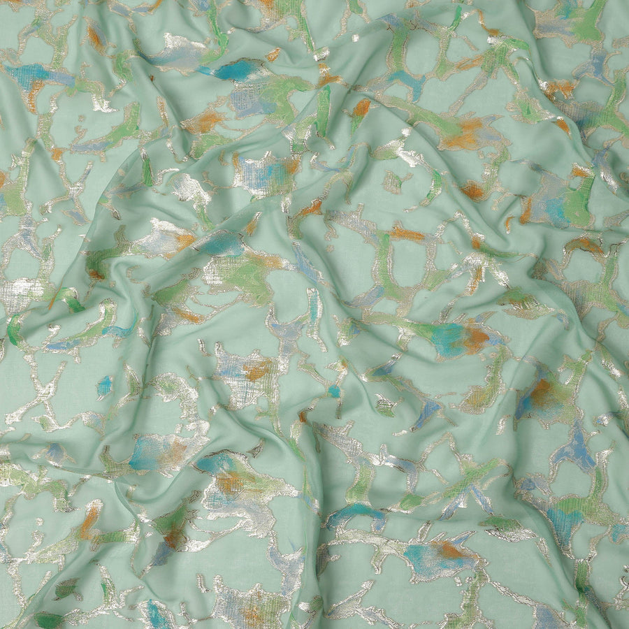 Mint Green Abstract Metallic Hand Print Premium Pure Silk Chiffon Fabric, 110 Cms, South Korea-D26914