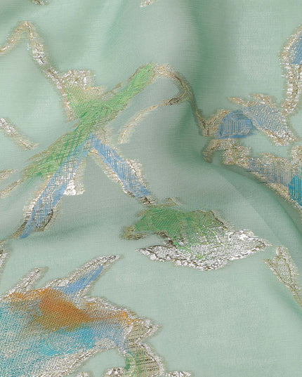 Mint Green Abstract Metallic Hand Print Premium Pure Silk Chiffon Fabric, 110 Cms, South Korea-D26914