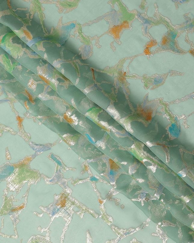 Mint Green Abstract Metallic Hand Print Premium Pure Silk Chiffon Fabric, 110 Cms, South Korea-D26914