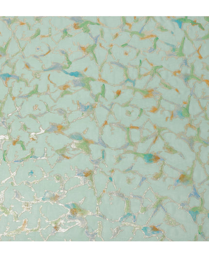 Mint Green Abstract Metallic Hand Print Premium Pure Silk Chiffon Fabric, 110 Cms, South Korea-D26914