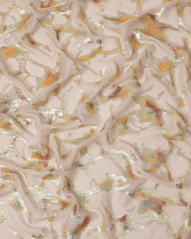 Nude Blush Abstract Metallic Hand Print Premium Pure Silk Chiffon Fabric, 110 Cms, South Korea-D26917