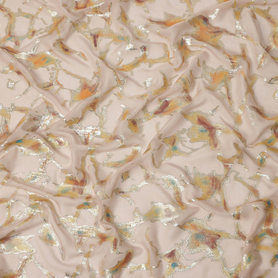 Nude Blush Abstract Metallic Hand Print Premium Pure Silk Chiffon Fabric, 110 Cms, South Korea-D26917