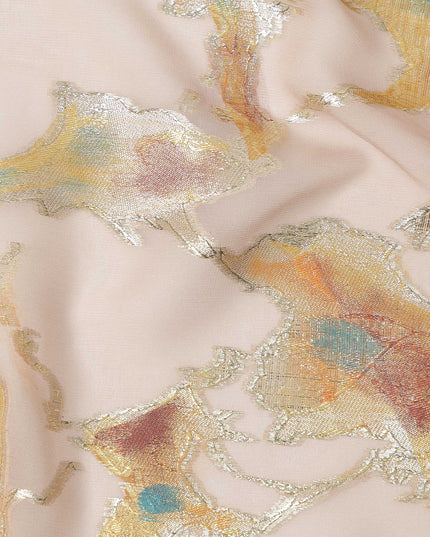 Nude Blush Abstract Metallic Hand Print Premium Pure Silk Chiffon Fabric, 110 Cms, South Korea-D26917
