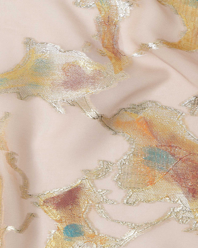 Nude Blush Abstract Metallic Hand Print Premium Pure Silk Chiffon Fabric, 110 Cms, South Korea-D26917