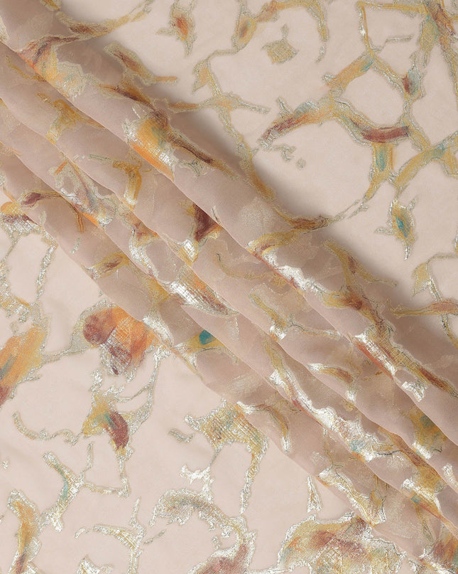 Nude Blush Abstract Metallic Hand Print Premium Pure Silk Chiffon Fabric, 110 Cms, South Korea-D26917