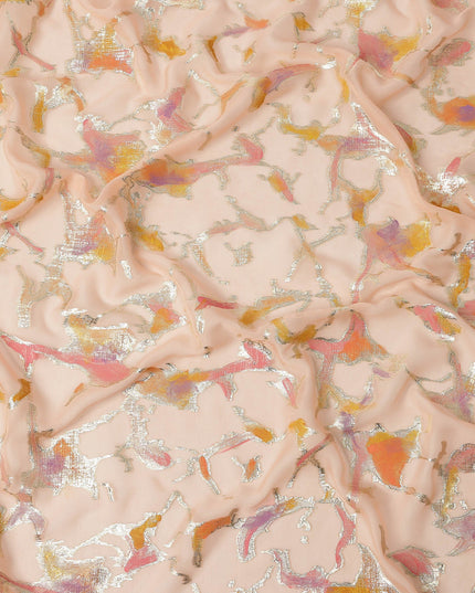 Blush Peach Abstract Metallic Hand Print Premium Pure Silk Chiffon Fabric, 110 Cms, South Korea-D26916