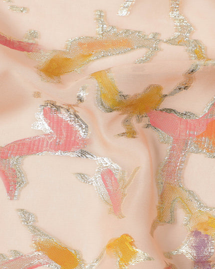 Blush Peach Abstract Metallic Hand Print Premium Pure Silk Chiffon Fabric, 110 Cms, South Korea-D26916