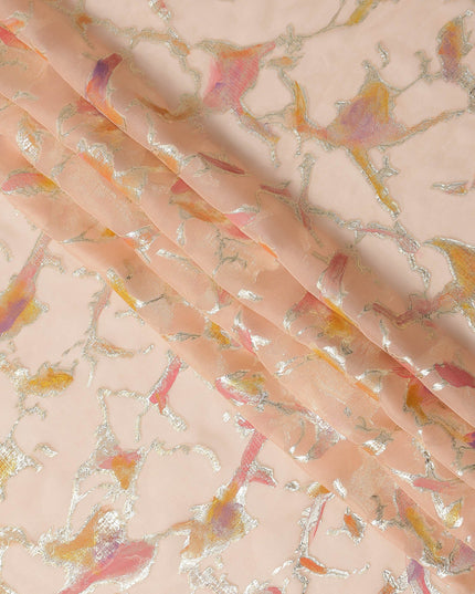 Blush Peach Abstract Metallic Hand Print Premium Pure Silk Chiffon Fabric, 110 Cms, South Korea-D26916