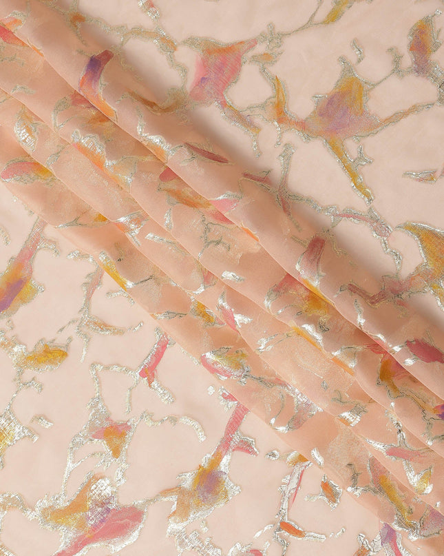 Blush Peach Abstract Metallic Hand Print Premium Pure Silk Chiffon Fabric, 110 Cms, South Korea-D26916