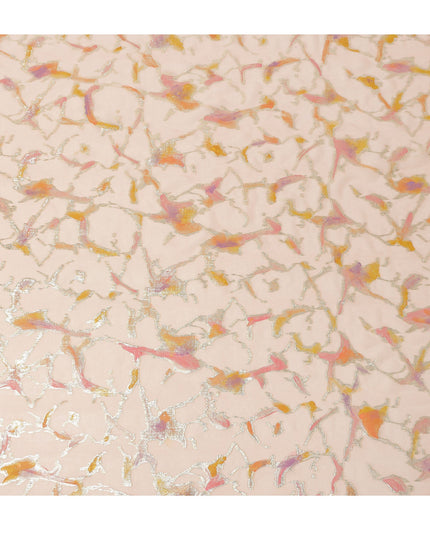 Blush Peach Abstract Metallic Hand Print Premium Pure Silk Chiffon Fabric, 110 Cms, South Korea-D26916