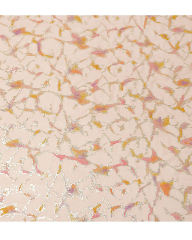 Blush Peach Abstract Metallic Hand Print Premium Pure Silk Chiffon Fabric, 110 Cms, South Korea-D26916