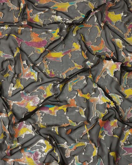 Charcoal Grey Abstract Metallic Hand Print Pure Silk Chiffon Fabric, 110 Cms, South Korea-D26918