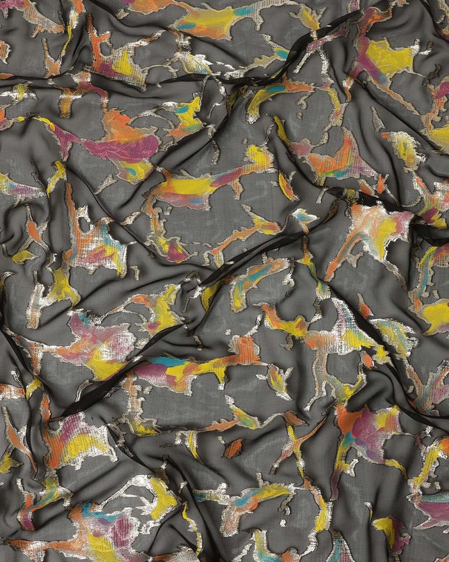 Charcoal Grey Abstract Metallic Hand Print Pure Silk Chiffon Fabric, 110 Cms, South Korea-D26918