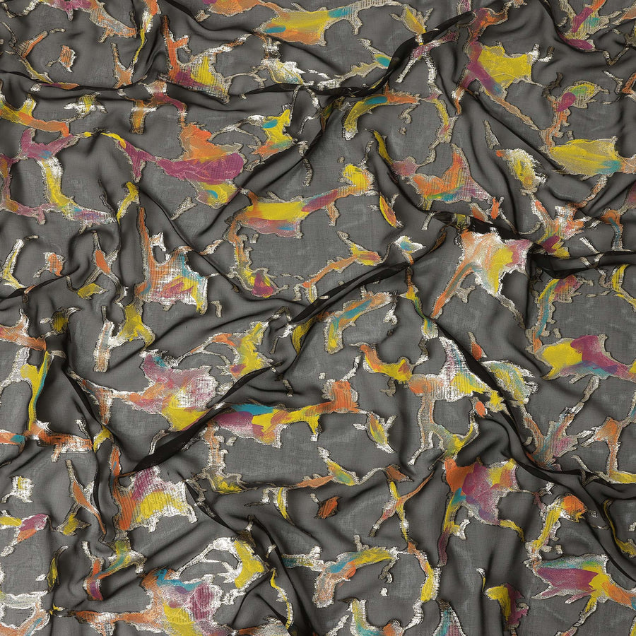 Charcoal Grey Abstract Metallic Hand Print Pure Silk Chiffon Fabric, 110 Cms, South Korea-D26918