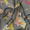 Charcoal Grey Abstract Metallic Hand Print Pure Silk Chiffon Fabric, 110 Cms, South Korea-D26918