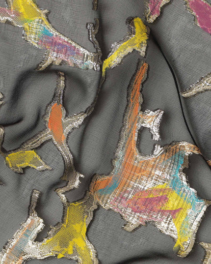 Charcoal Grey Abstract Metallic Hand Print Pure Silk Chiffon Fabric, 110 Cms, South Korea-D26918