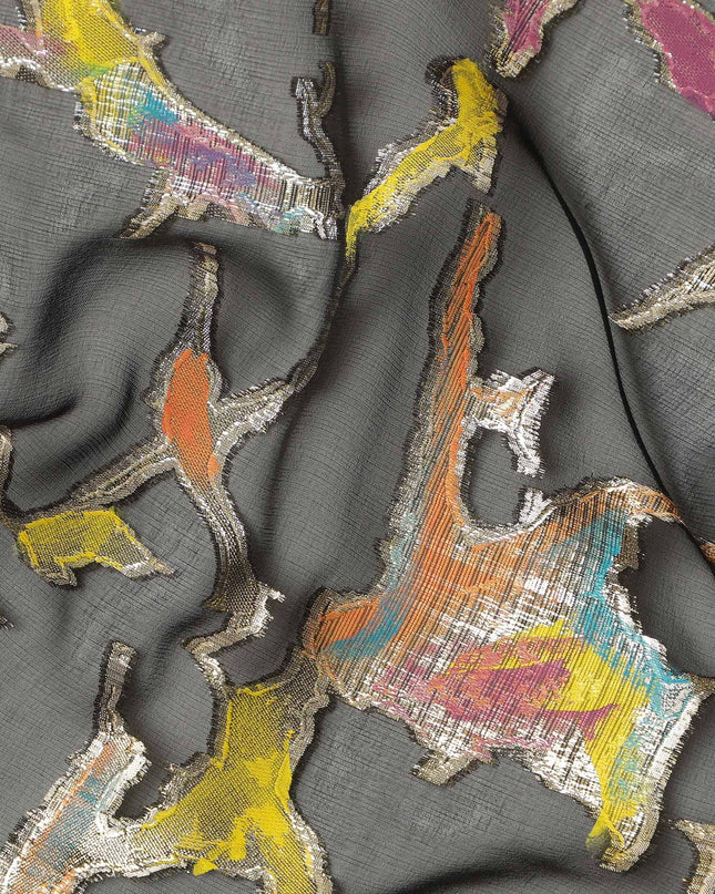 Charcoal Grey Abstract Metallic Hand Print Pure Silk Chiffon Fabric, 110 Cms, South Korea-D26918