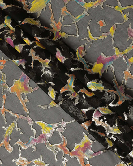Charcoal Grey Abstract Metallic Hand Print Pure Silk Chiffon Fabric, 110 Cms, South Korea-D26918