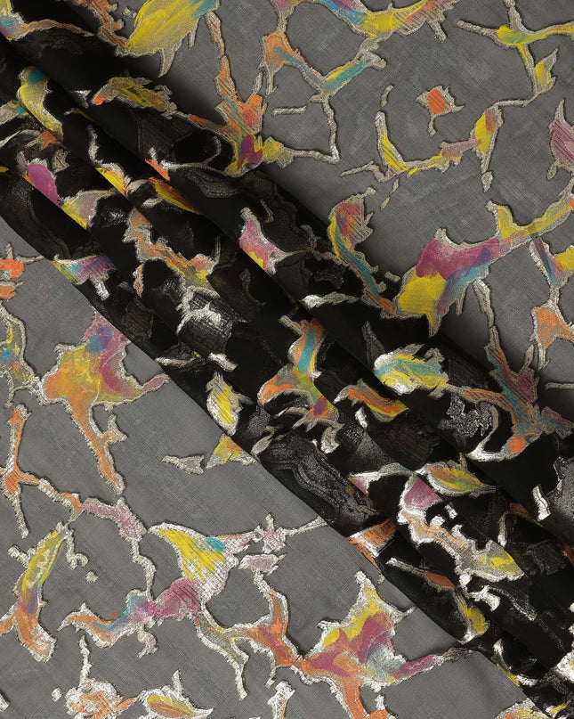 Charcoal Grey Abstract Metallic Hand Print Pure Silk Chiffon Fabric, 110 Cms, South Korea-D26918