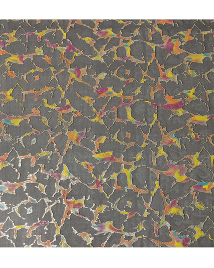 Charcoal Grey Abstract Metallic Hand Print Pure Silk Chiffon Fabric, 110 Cms, South Korea-D26918