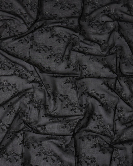 Black Traditional Sudanese Thobe Fabric with Black Floral Embroidery, Pure Cotton Voile, 4.5 Mtrs Length, 140 Cms Width, Made in India-D26394