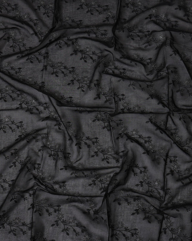 Black Traditional Sudanese Thobe Fabric with Black Floral Embroidery, Pure Cotton Voile, 4.5 Mtrs Length, 140 Cms Width, Made in India-D26394