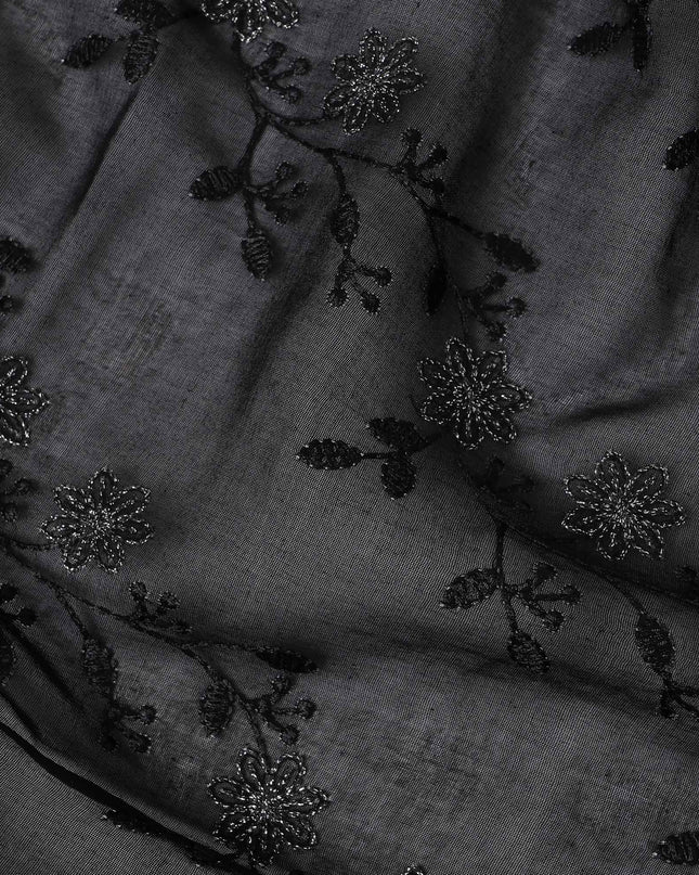 Black Traditional Sudanese Thobe Fabric with Black Floral Embroidery, Pure Cotton Voile, 4.5 Mtrs Length, 140 Cms Width, Made in India-D26394