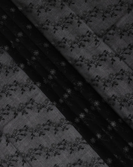 Black Traditional Sudanese Thobe Fabric with Black Floral Embroidery, Pure Cotton Voile, 4.5 Mtrs Length, 140 Cms Width, Made in India-D26394