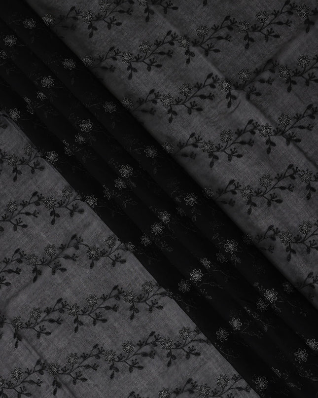 Black Traditional Sudanese Thobe Fabric with Black Floral Embroidery, Pure Cotton Voile, 4.5 Mtrs Length, 140 Cms Width, Made in India-D26394
