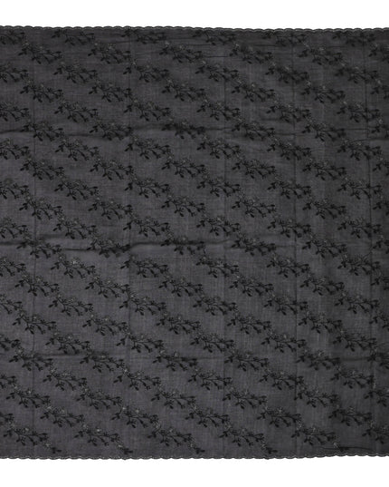 Black Traditional Sudanese Thobe Fabric with Black Floral Embroidery, Pure Cotton Voile, 4.5 Mtrs Length, 140 Cms Width, Made in India-D26394