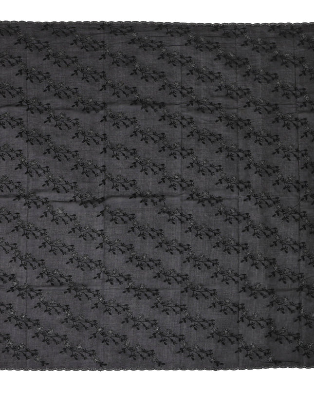 Black Traditional Sudanese Thobe Fabric with Black Floral Embroidery, Pure Cotton Voile, 4.5 Mtrs Length, 140 Cms Width, Made in India-D26394