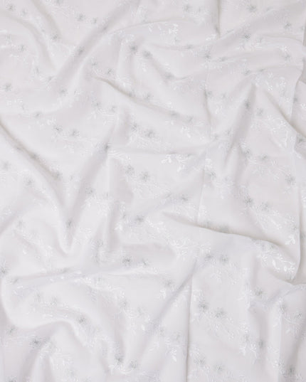 White Traditional Sudanese Thobe Fabric with Silver Floral Embroidery, Pure Cotton Voile, 4.5 Mtrs Length, 140 Cms Width, Made in India-D26397