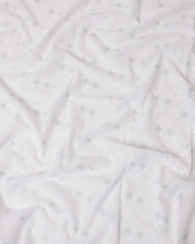 White Traditional Sudanese Thobe Fabric with Silver Floral Embroidery, Pure Cotton Voile, 4.5 Mtrs Length, 140 Cms Width, Made in India-D26397