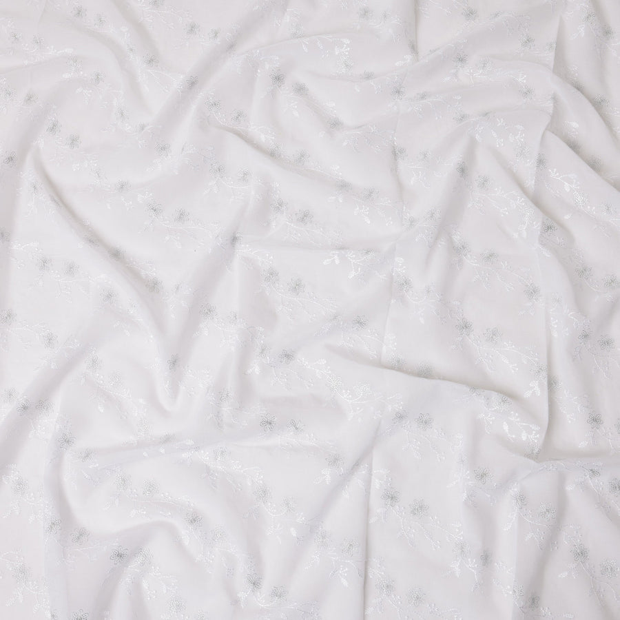 White Traditional Sudanese Thobe Fabric with Silver Floral Embroidery, Pure Cotton Voile, 4.5 Mtrs Length, 140 Cms Width, Made in India-D26397