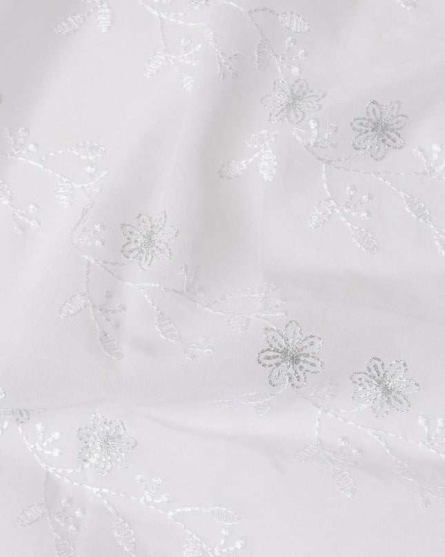 White Traditional Sudanese Thobe Fabric with Silver Floral Embroidery, Pure Cotton Voile, 4.5 Mtrs Length, 140 Cms Width, Made in India-D26397