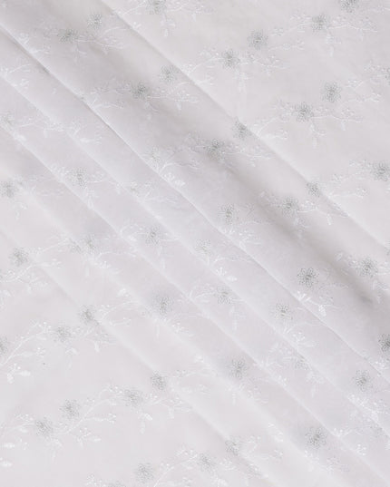 White Traditional Sudanese Thobe Fabric with Silver Floral Embroidery, Pure Cotton Voile, 4.5 Mtrs Length, 140 Cms Width, Made in India-D26397