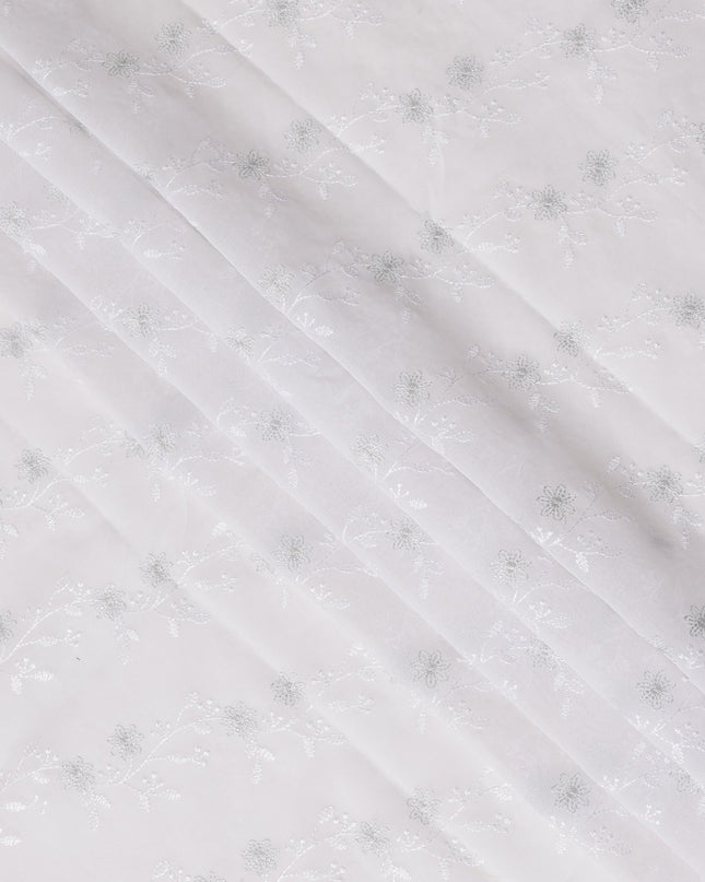 White Traditional Sudanese Thobe Fabric with Silver Floral Embroidery, Pure Cotton Voile, 4.5 Mtrs Length, 140 Cms Width, Made in India-D26397