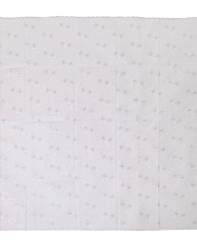 White Traditional Sudanese Thobe Fabric with Silver Floral Embroidery, Pure Cotton Voile, 4.5 Mtrs Length, 140 Cms Width, Made in India-D26397