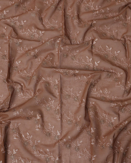 Coffee Brown Traditional Sudanese Thobe Fabric with Rose Gold & Bronze Floral Embroidery, Pure Cotton Voile, 4.5 Mtrs Length, 140 Cms Width, Made in India-D26398