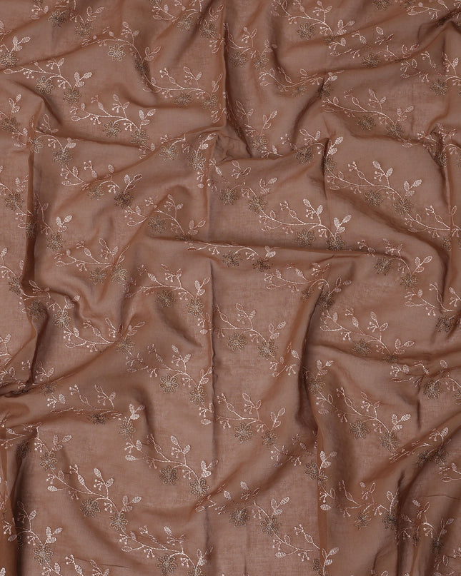 Coffee Brown Traditional Sudanese Thobe Fabric with Rose Gold & Bronze Floral Embroidery, Pure Cotton Voile, 4.5 Mtrs Length, 140 Cms Width, Made in India-D26398