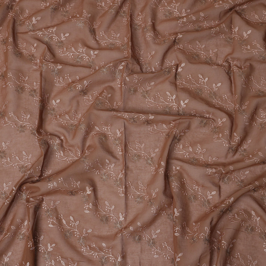 Coffee Brown Traditional Sudanese Thobe Fabric with Rose Gold & Bronze Floral Embroidery, Pure Cotton Voile, 4.5 Mtrs Length, 140 Cms Width, Made in India-D26398