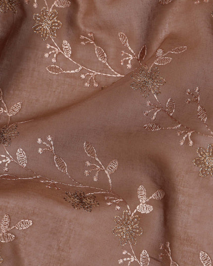 Coffee Brown Traditional Sudanese Thobe Fabric with Rose Gold & Bronze Floral Embroidery, Pure Cotton Voile, 4.5 Mtrs Length, 140 Cms Width, Made in India-D26398
