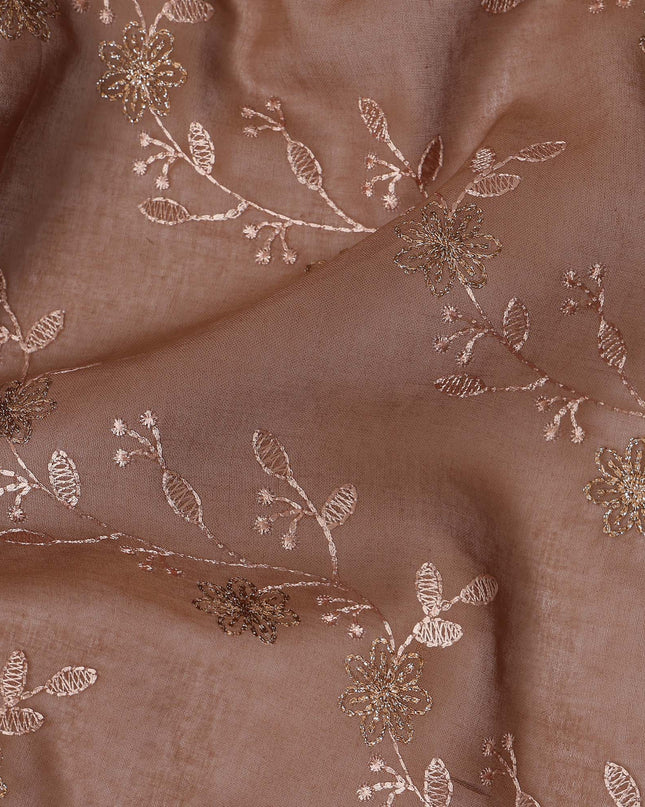 Coffee Brown Traditional Sudanese Thobe Fabric with Rose Gold & Bronze Floral Embroidery, Pure Cotton Voile, 4.5 Mtrs Length, 140 Cms Width, Made in India-D26398