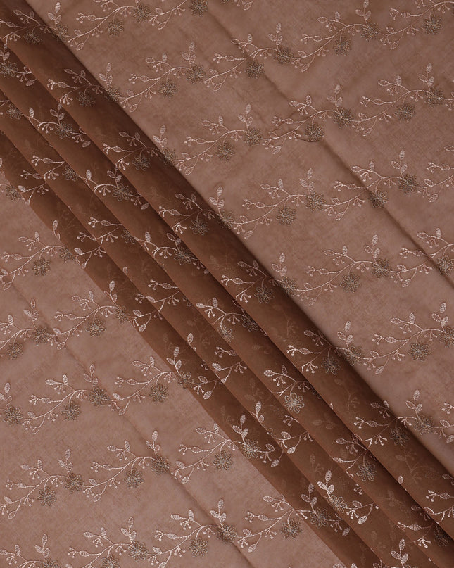 Coffee Brown Traditional Sudanese Thobe Fabric with Rose Gold & Bronze Floral Embroidery, Pure Cotton Voile, 4.5 Mtrs Length, 140 Cms Width, Made in India-D26398